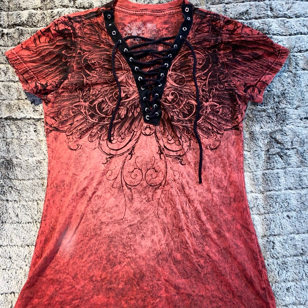The buckle Affliction shirt.